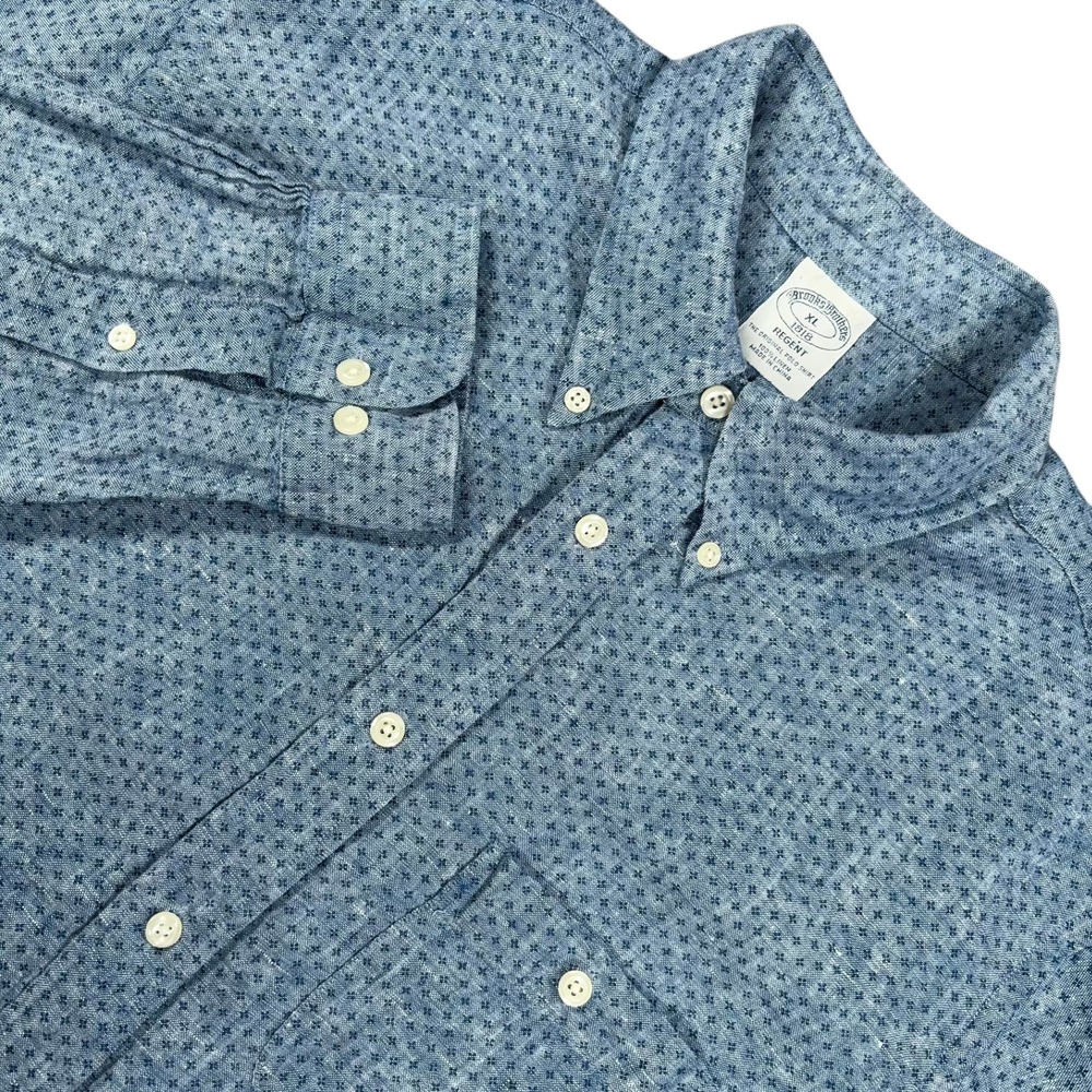 Brooks Brothers 100% Linen Button‎ Down Shirt Mens XL Blue Foulard Long Sleeve